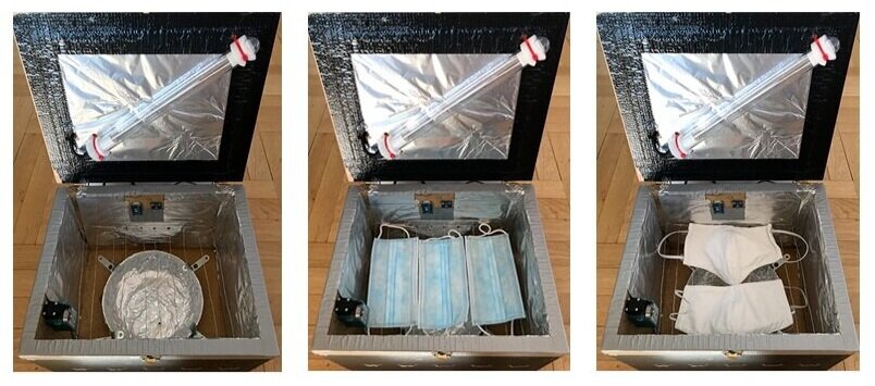 Disinfection Device without masks: left, device with surgical masks: center, device with fabric masks: right. The images show the arrangement of masks in the disinfection Device. Image copyright: Jean Noel Lefebvre&nbsp; CC-BY-SA-4.0